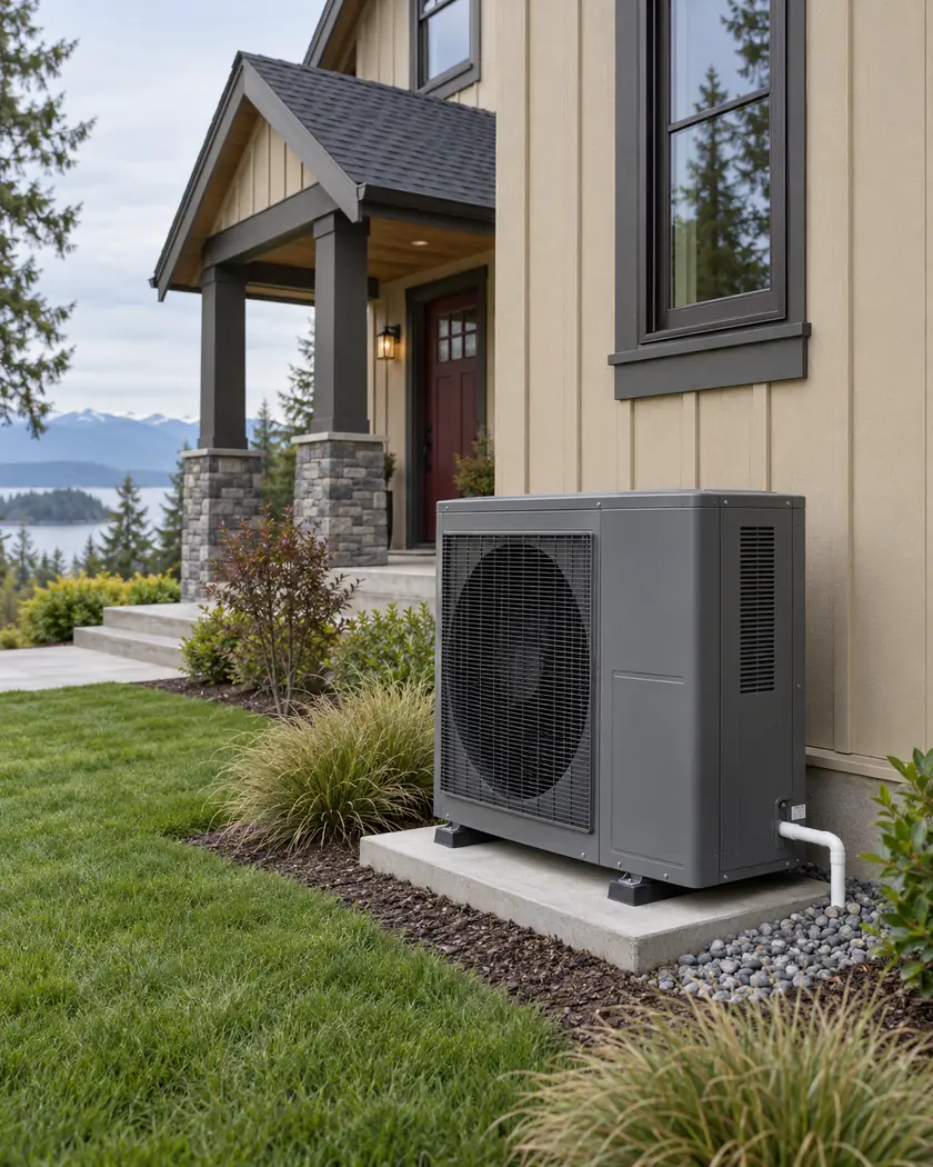 Gray outdoor heat-pump unit on a pad beside sand-colored siding and a narrow gravel strip.