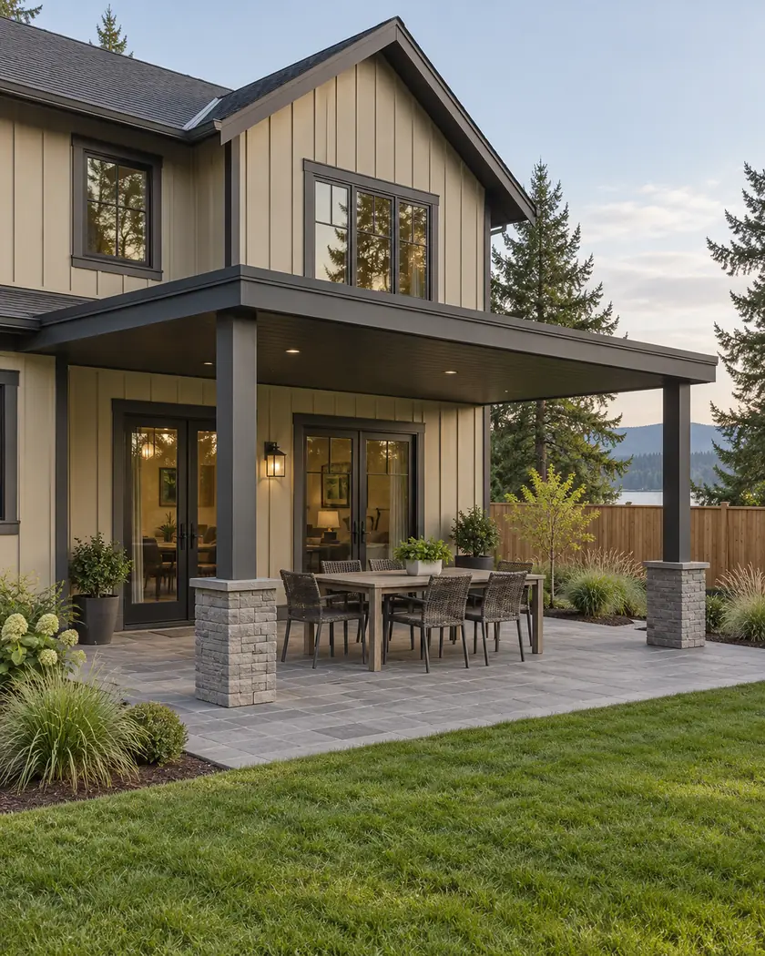 Charcoal patio cover on straight posts over a paved dining area beside sand-colored siding.