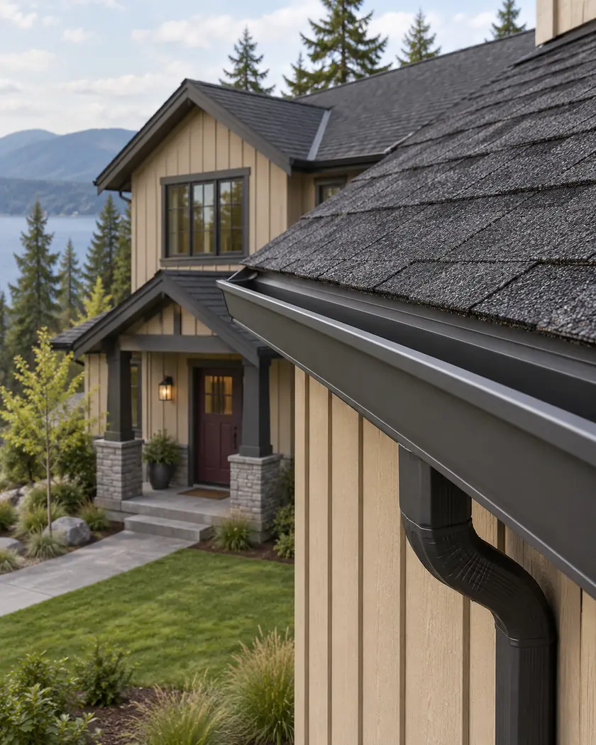 Charcoal shingle roof edge above a dark gutter and sand-colored vertical siding.