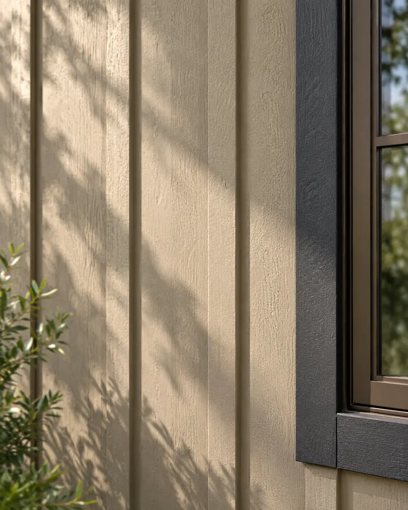 Sand-colored vertical board-and-batten siding beside charcoal trim and a dark bronze window.