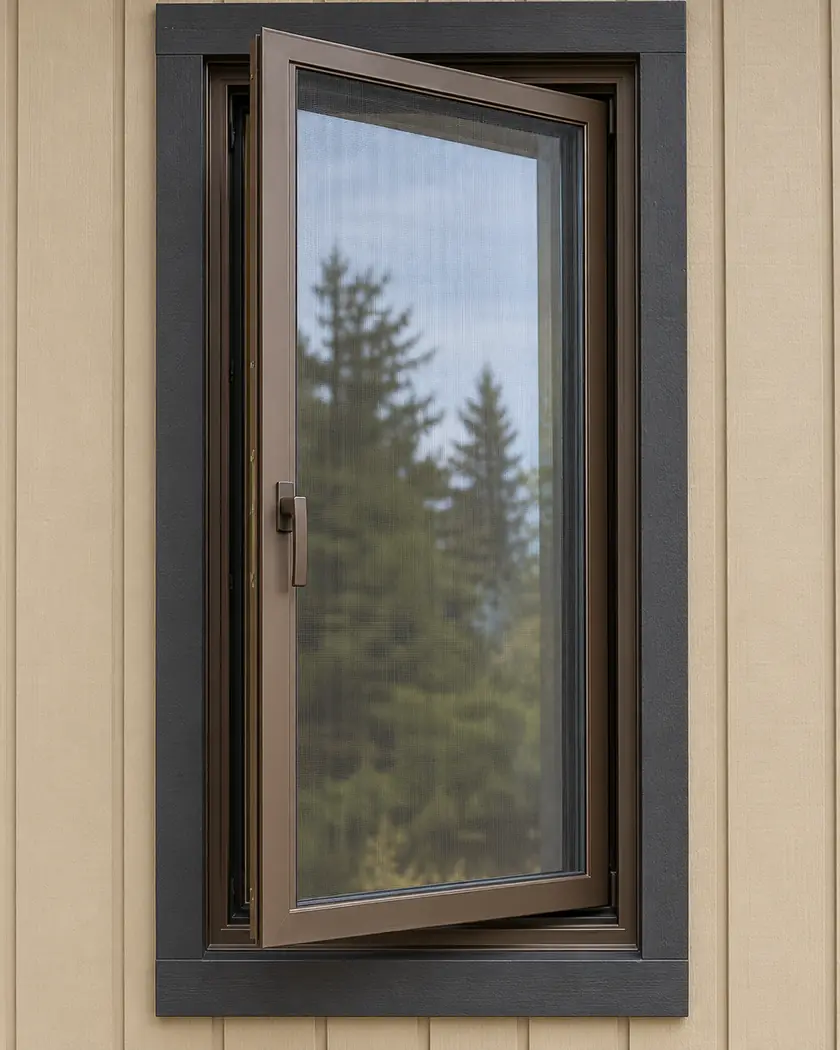 Open dark bronze casement window in sand-colored board-and-batten siding.