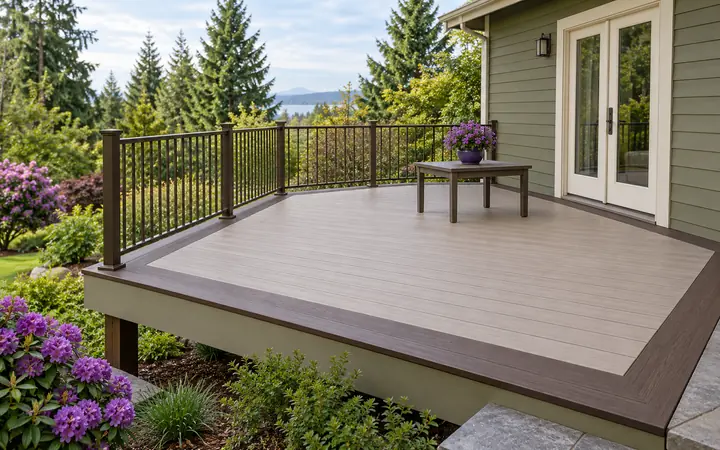 Pale deck with a dark picture-frame border and simple bronze railing beside an olive-green home.
