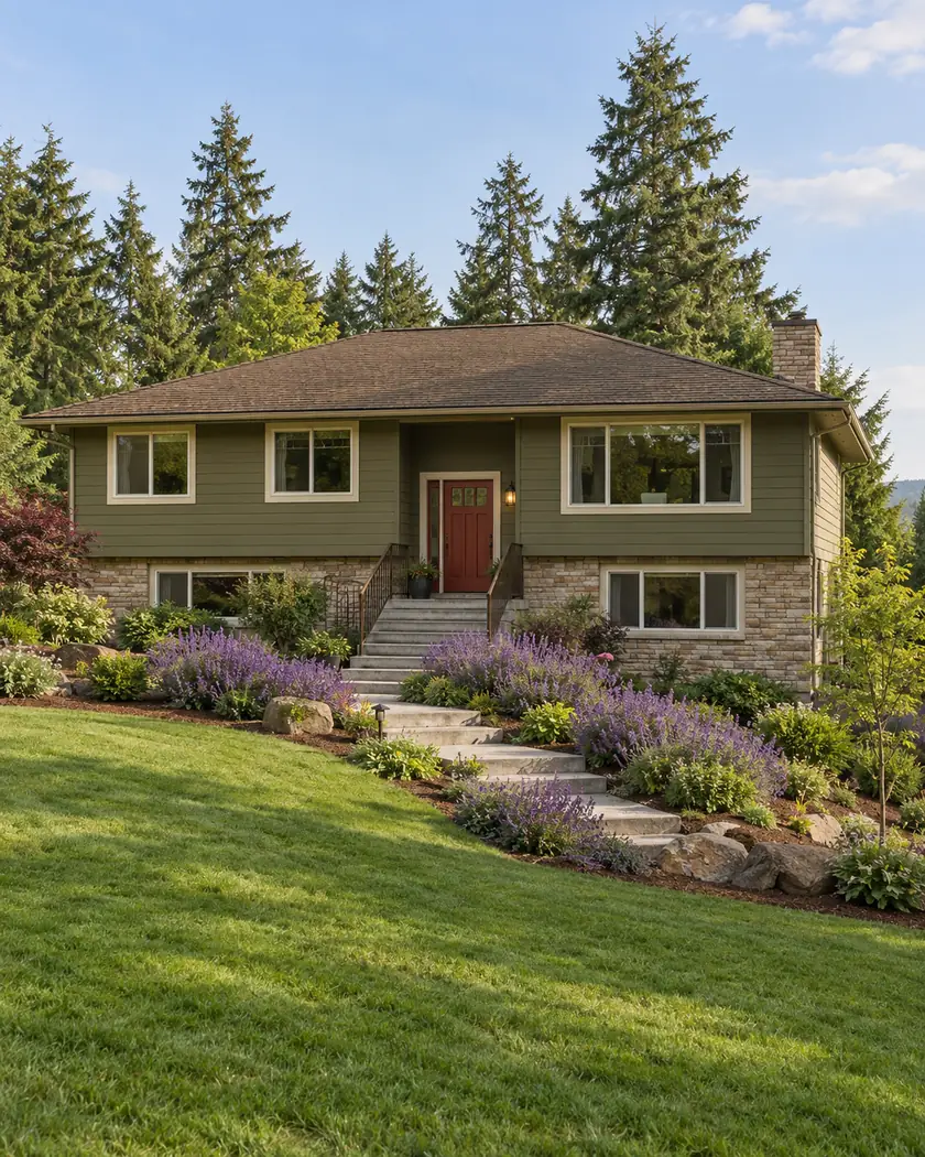 Olive-green split-level home with a broad brown hip roof, red entry door and purple flowering shrubs.