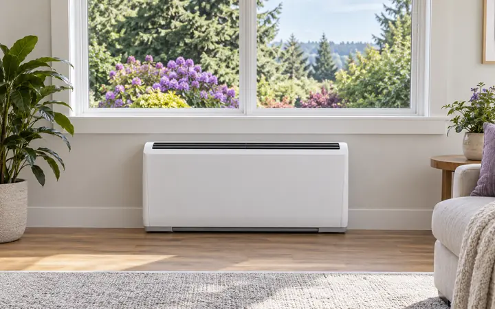 Low white indoor HVAC console against a pale wall near a garden-facing window.