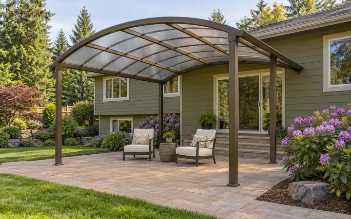 Bronze attached patio cover with a translucent barrel-shaped roof above simple outdoor chairs.