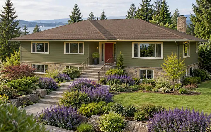 Broad brown hip roof above an olive-green home with purple garden flowers.