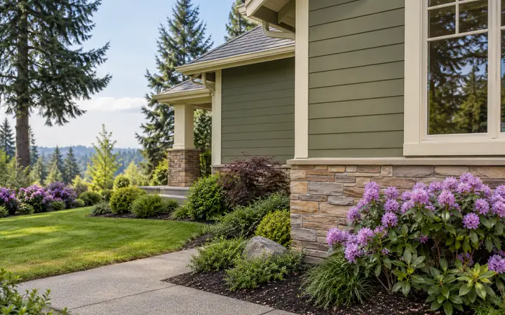 Olive-green horizontal siding with cream trim above purple flowering plants.
