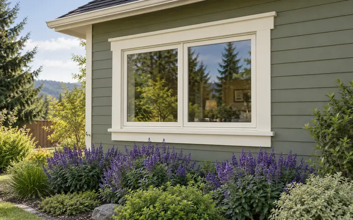 Cream-framed horizontal window with broad exterior trim in an olive-green wall.