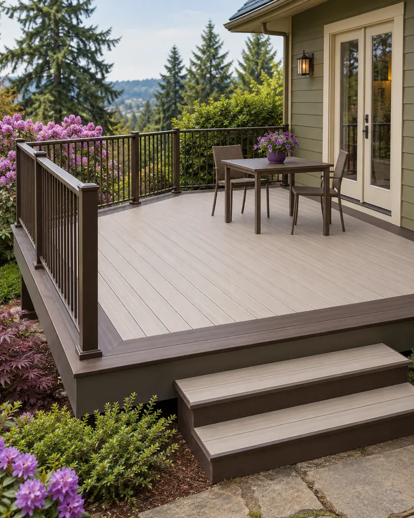 Pale deck with a dark picture-frame border and simple bronze railing beside an olive-green home.