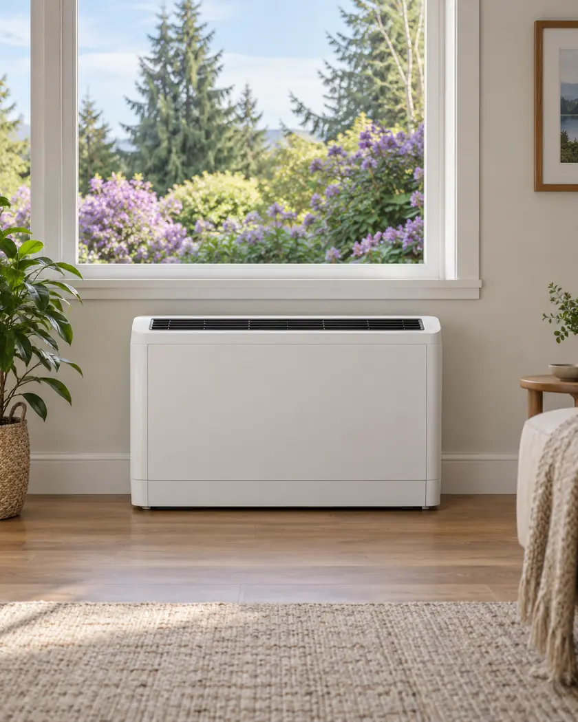 Low white indoor HVAC console against a pale wall near a garden-facing window.