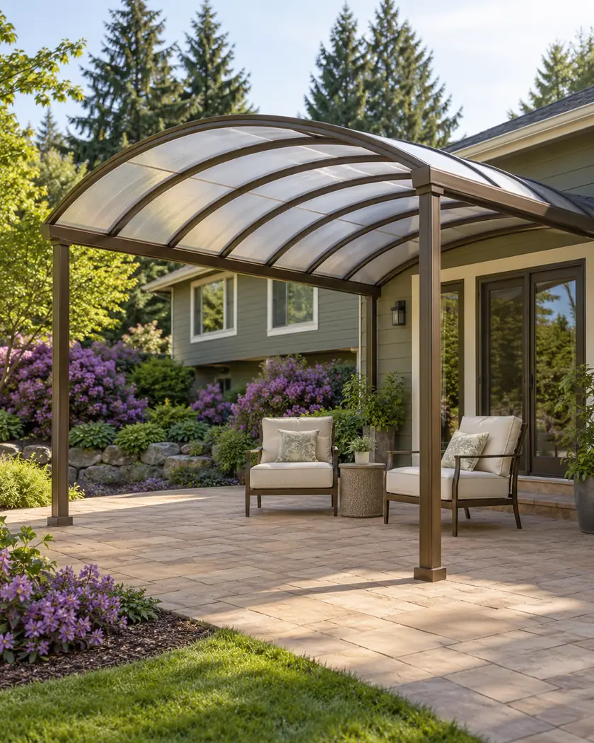 Bronze attached patio cover with a translucent barrel-shaped roof above simple outdoor chairs.