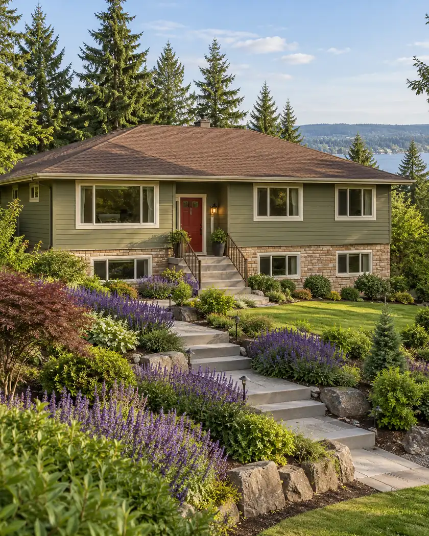 Broad brown hip roof above an olive-green home with purple garden flowers.