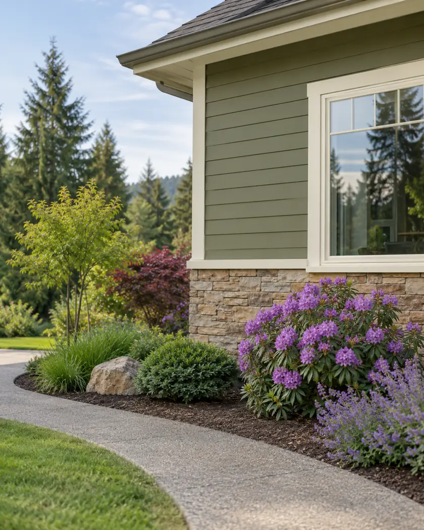 Olive-green horizontal siding with cream trim above purple flowering plants.