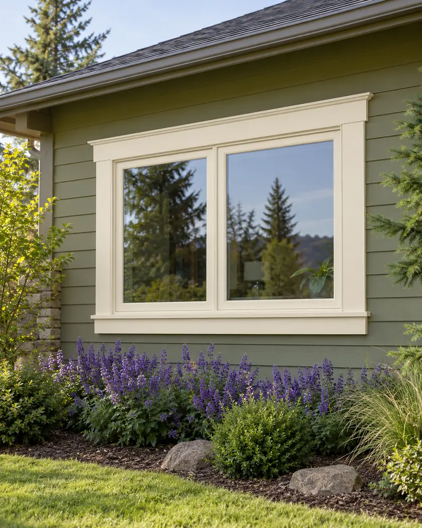 Cream-framed horizontal window with broad exterior trim in an olive-green wall.