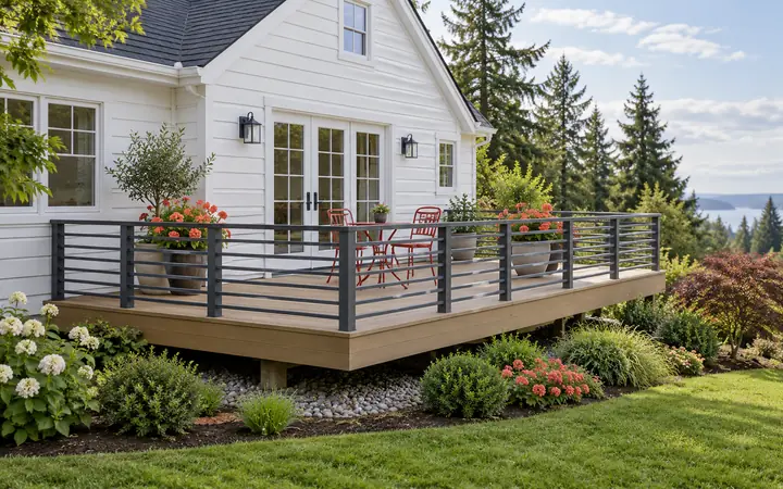 Natural-toned deck with a dark horizontal railing and red outdoor table beside a white home.