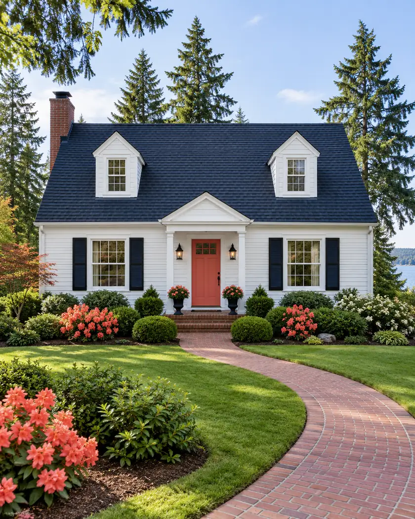 White Cape Cod-style home with two roof dormers, a navy roof, black shutters and a coral entry door.