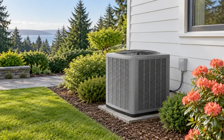 Gray outdoor HVAC unit with a top fan beside a white exterior wall and flowering garden.