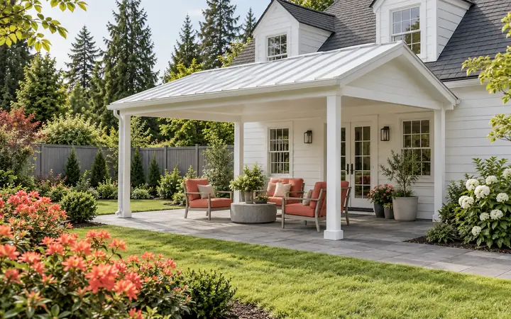 White attached patio cover with an opaque roof and coral chairs near a garden fence.