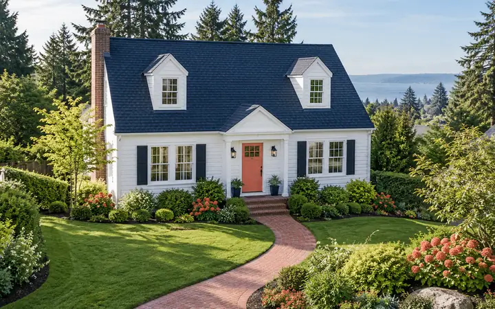 Navy shingle roof with two small dormers above a white Cape Cod-style home.