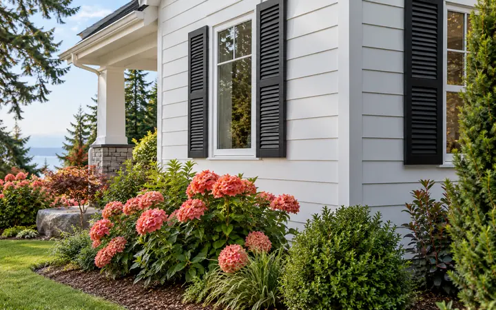 White horizontal siding with black window details and coral flowering plants.