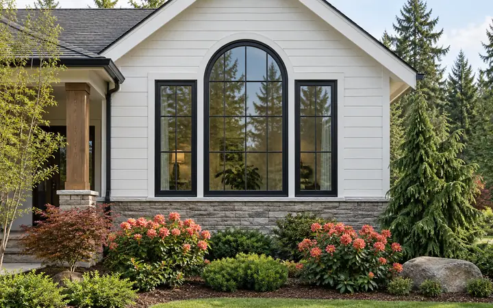 Black three-part window with an arched center section in a white exterior wall.