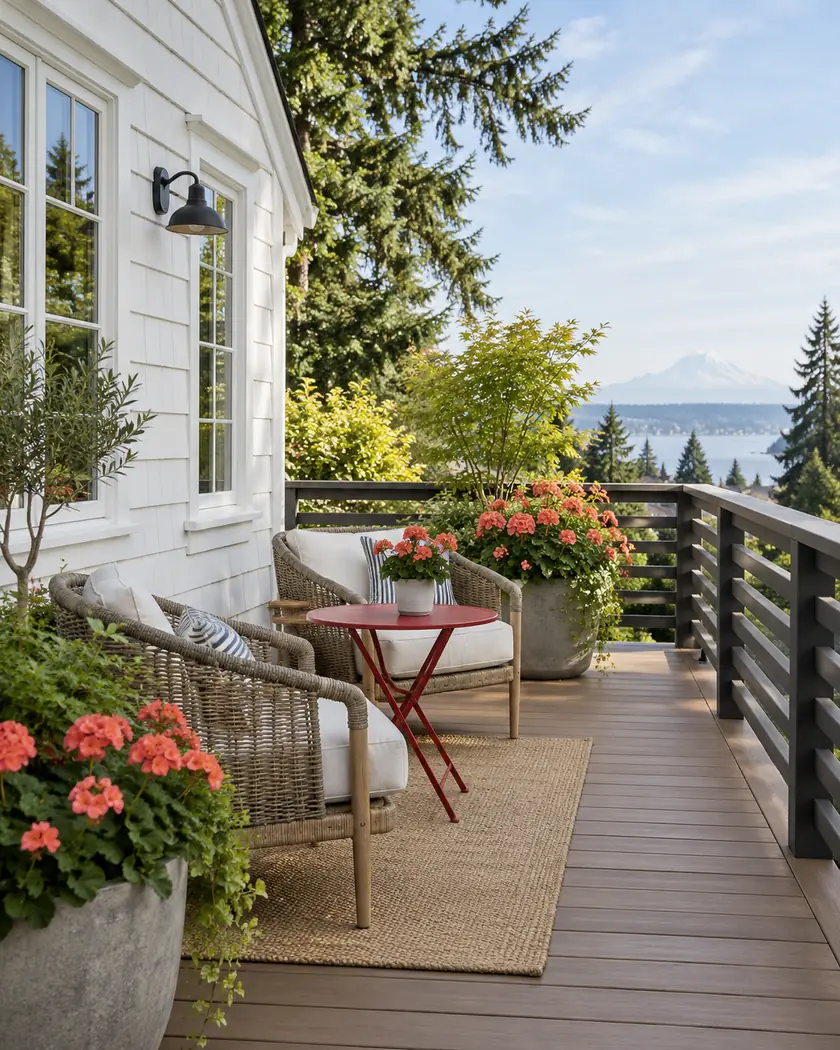 Natural-toned deck with a dark horizontal railing and red outdoor table beside a white home.