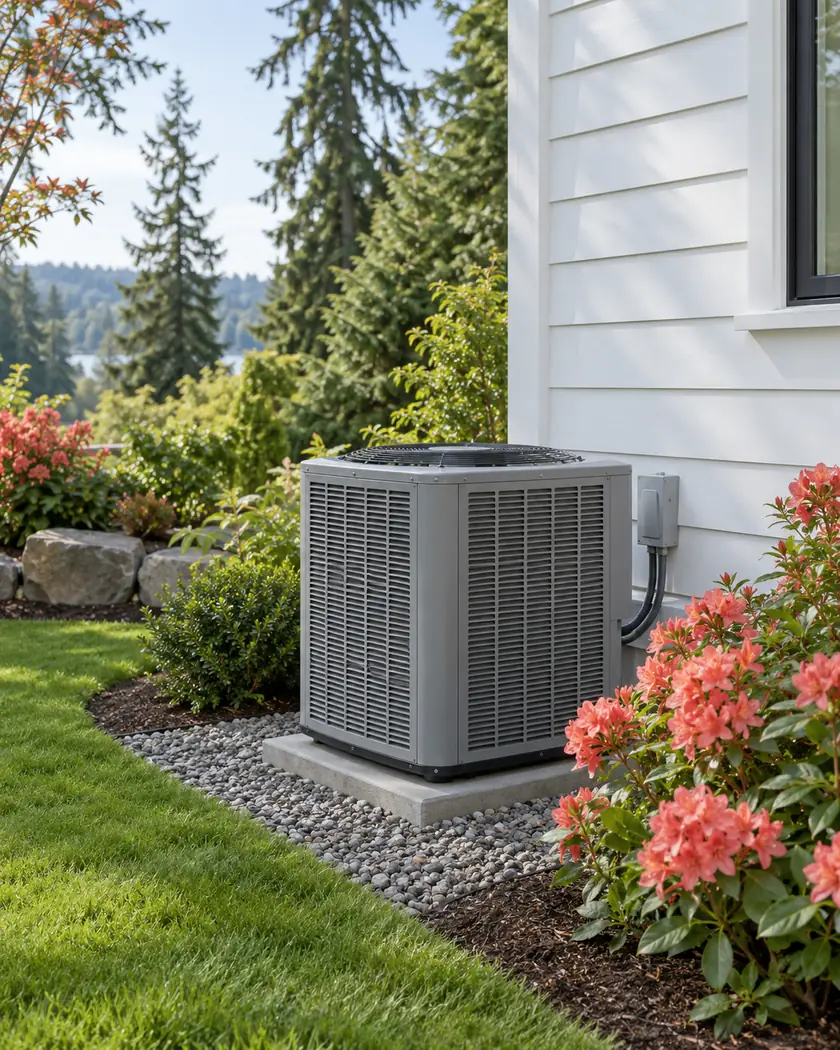 Gray outdoor HVAC unit with a top fan beside a white exterior wall and flowering garden.