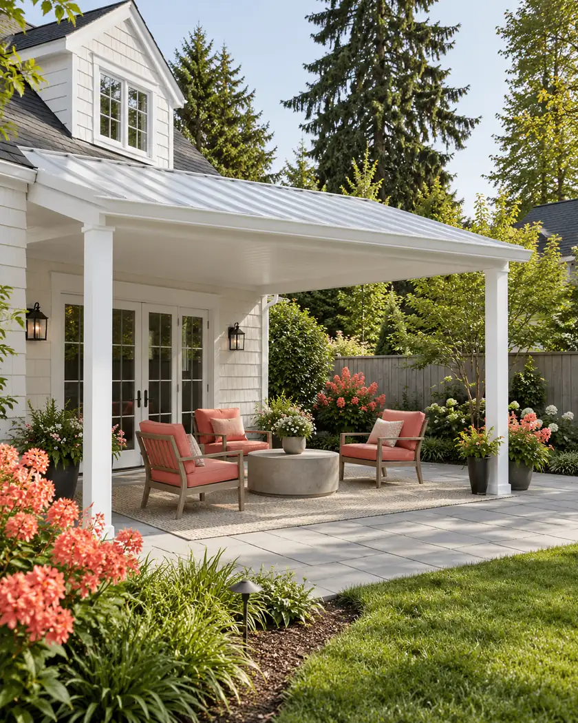 White attached patio cover with an opaque roof and coral chairs near a garden fence.