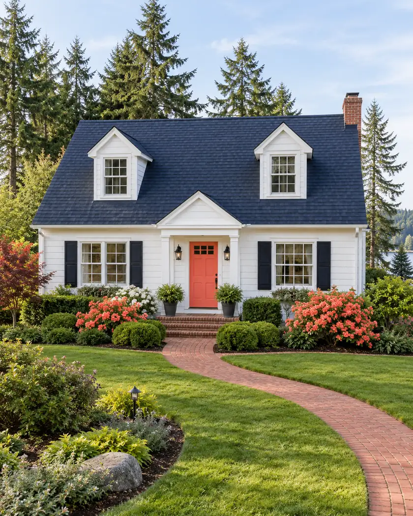 Navy shingle roof with two small dormers above a white Cape Cod-style home.