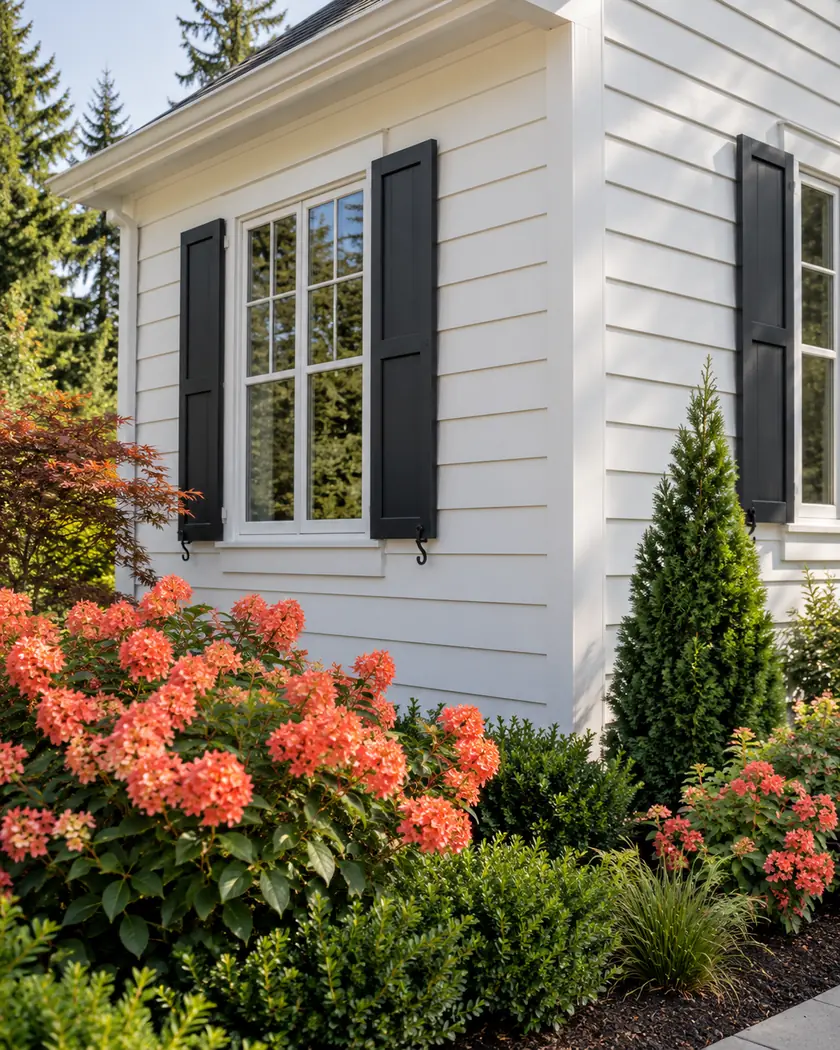 White horizontal siding with black window details and coral flowering plants.