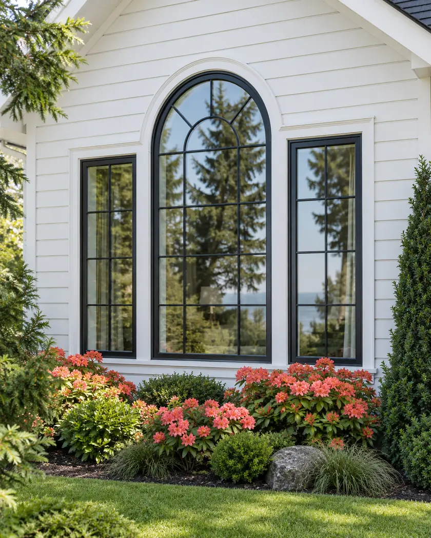Black three-part window with an arched center section in a white exterior wall.
