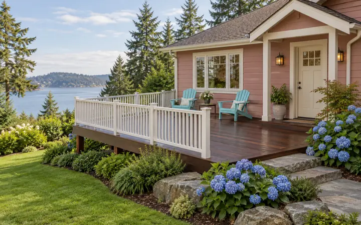 Dark-toned deck with white vertical railing and simple aqua outdoor chairs beside a dusty rose home.