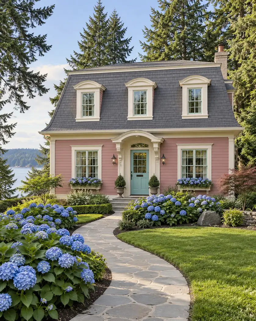 Dusty rose home with a gray mansard roof, three dormers, cream trim and an aqua entry door.