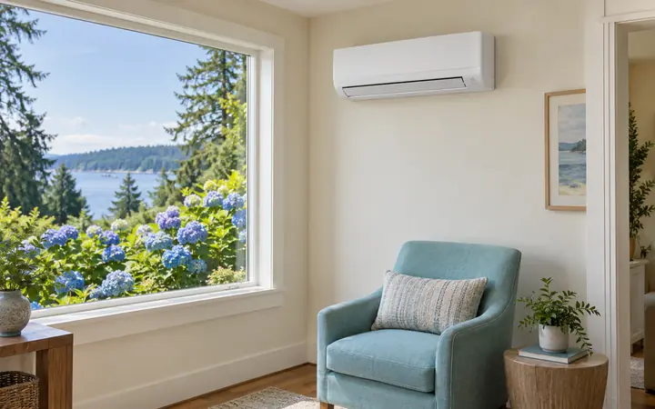 Compact white wall-mounted HVAC unit in a cream room overlooking blue garden flowers.