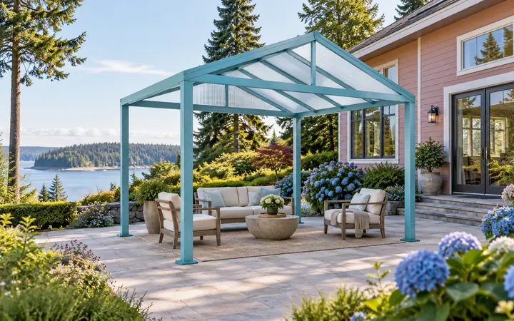 Freestanding aqua patio cover with a translucent gable roof and cream chairs in a blue flowering garden.