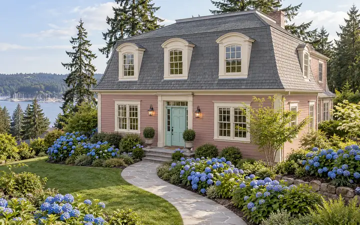 Gray mansard roof with three dormers above a dusty rose home.
