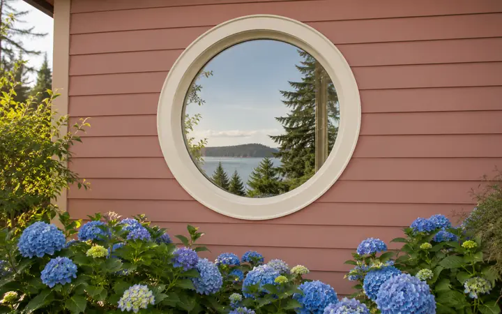 Cream-framed round window in a dusty rose wall beside blue flowering plants.