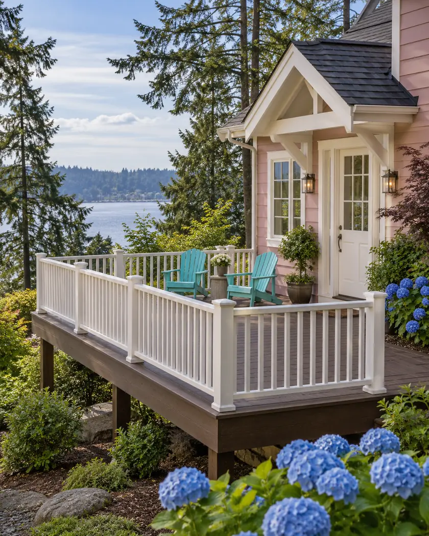Dark-toned deck with white vertical railing and simple aqua outdoor chairs beside a dusty rose home.