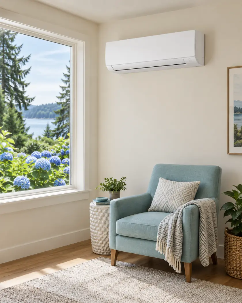 Compact white wall-mounted HVAC unit in a cream room overlooking blue garden flowers.