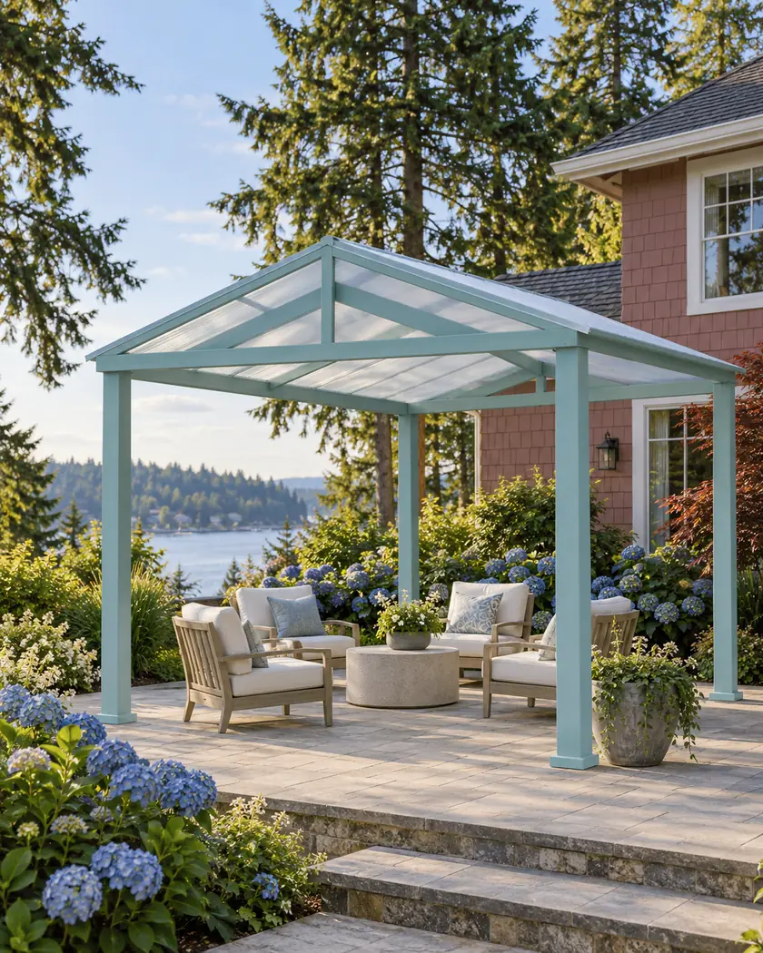 Freestanding aqua patio cover with a translucent gable roof and cream chairs in a blue flowering garden.