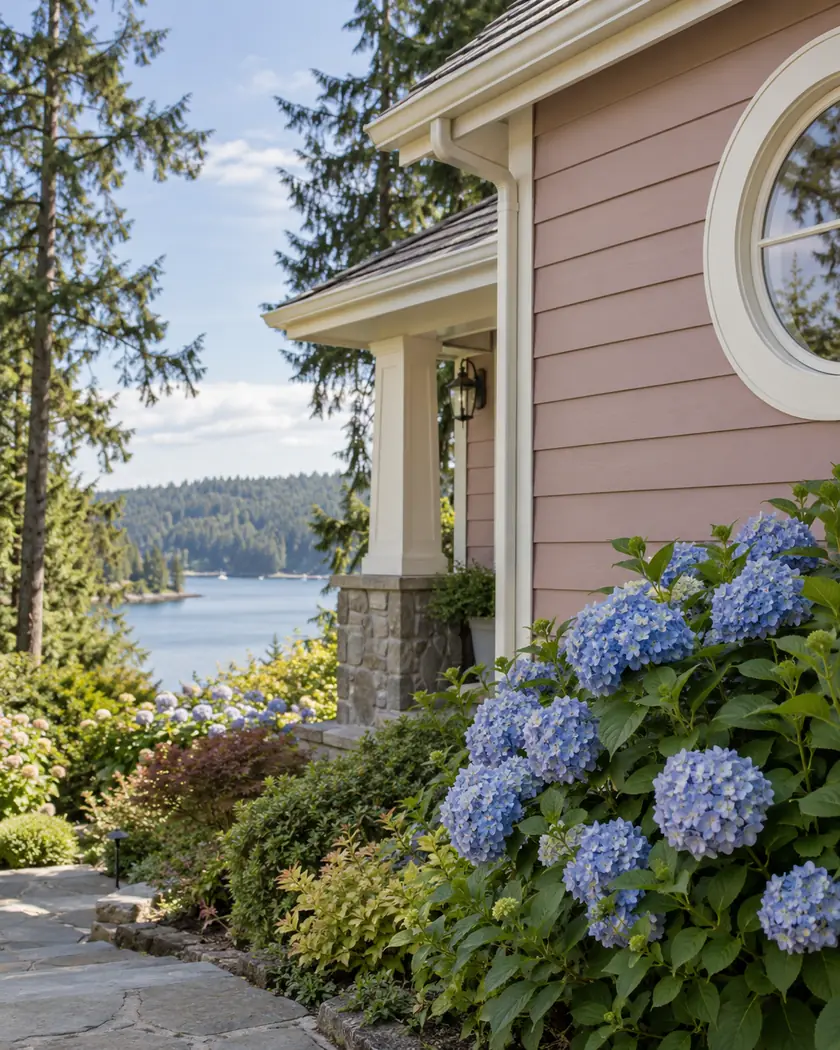 Dusty rose horizontal siding with cream trim and blue flowering plants.