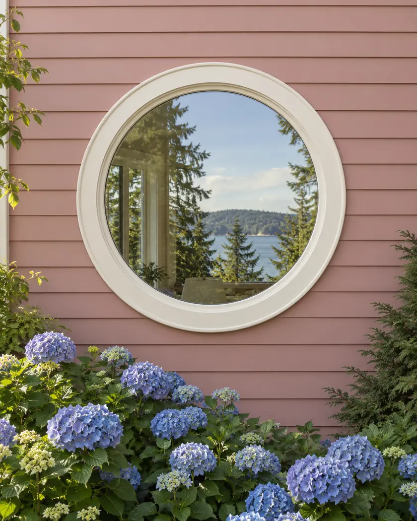 Cream-framed round window in a dusty rose wall beside blue flowering plants.