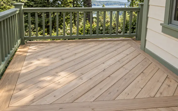 Diagonal cedar deck boards with a border and sage-green railing.