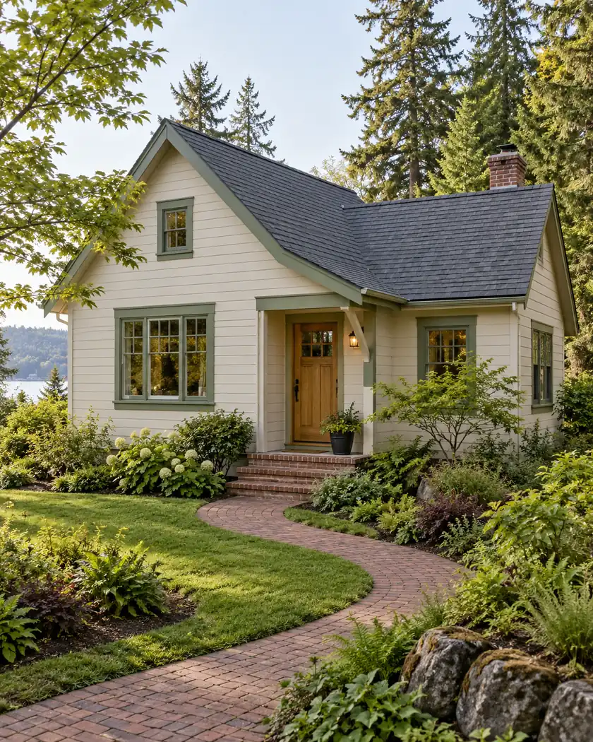Cream cottage with a gray gabled roof, sage-green trim, oak door and a curved brick garden path.