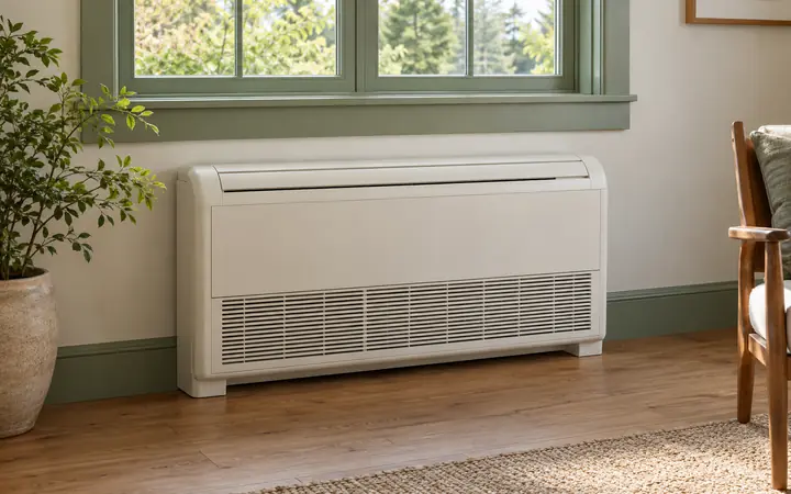 Cream floor-console unit below a sage-green window.