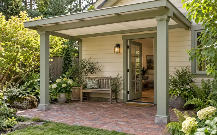 Sage-green cover over a brick patio beside an open rear door.