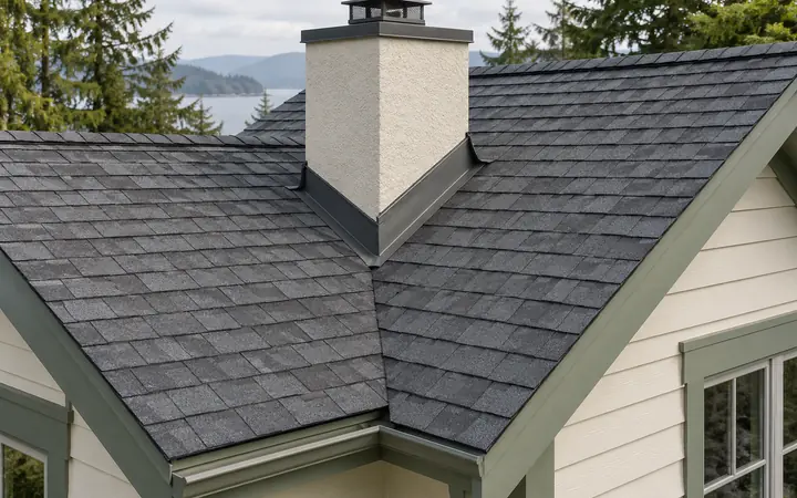 Gray asphalt shingles beside a cream chimney above a cream-clad wall.
