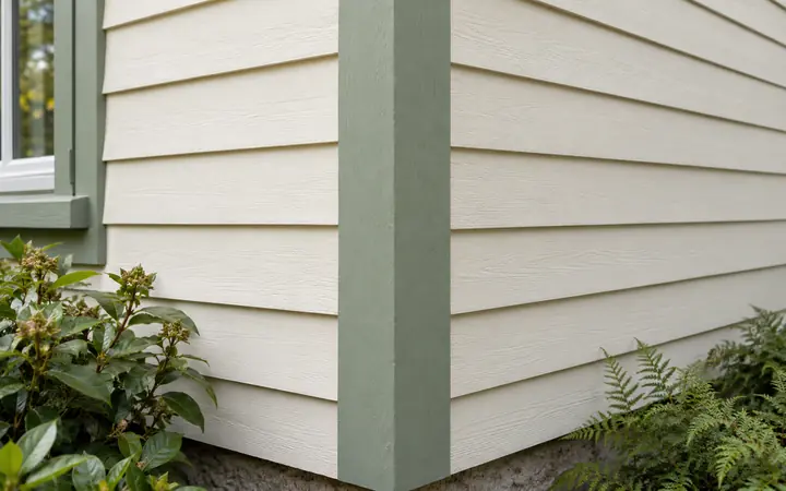 Cream lap siding meeting sage-green corner trim.