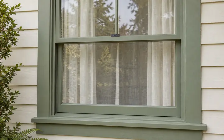 Sage-green framed window in a cream exterior wall.