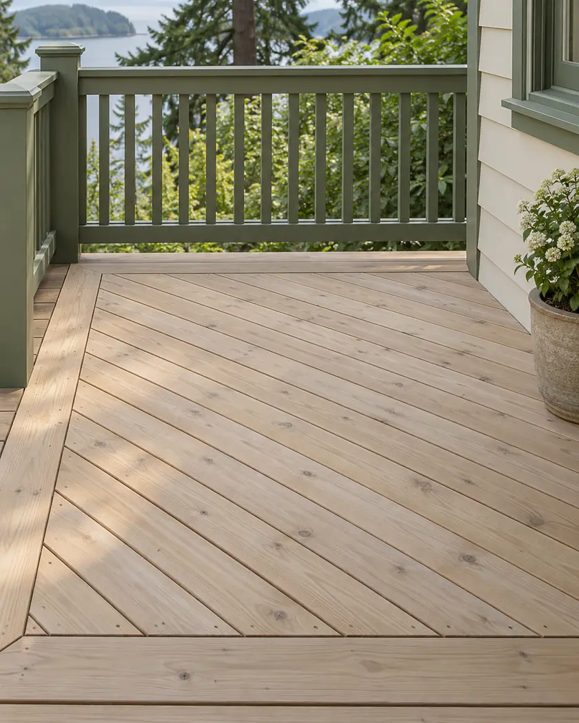 Diagonally laid cedar deck boards within a border beside a cream wall and sage-green railing.